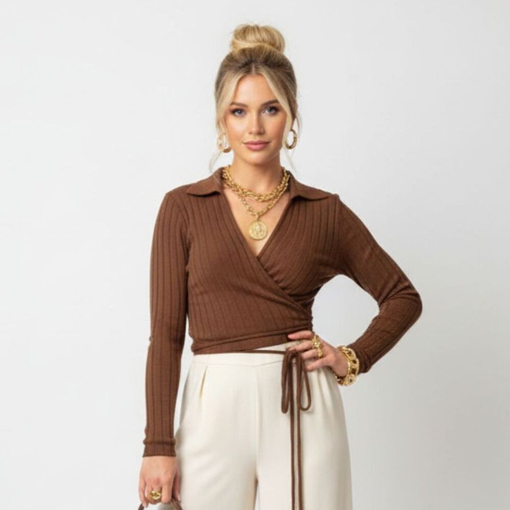 Fashion Nova Brown Cropped Ribbed Knit Long Sleeve Wrap Top 3X